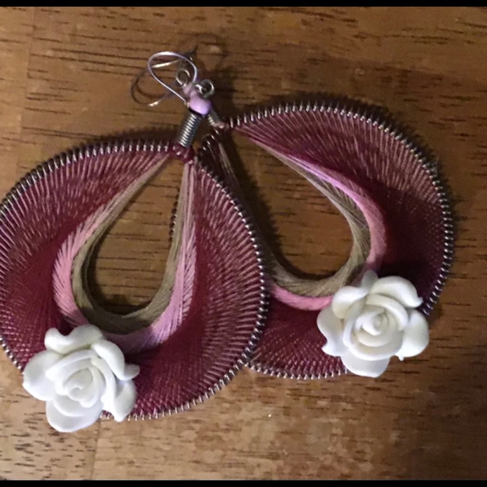 Mexican Handmade Thread Rose Earrings Merlot